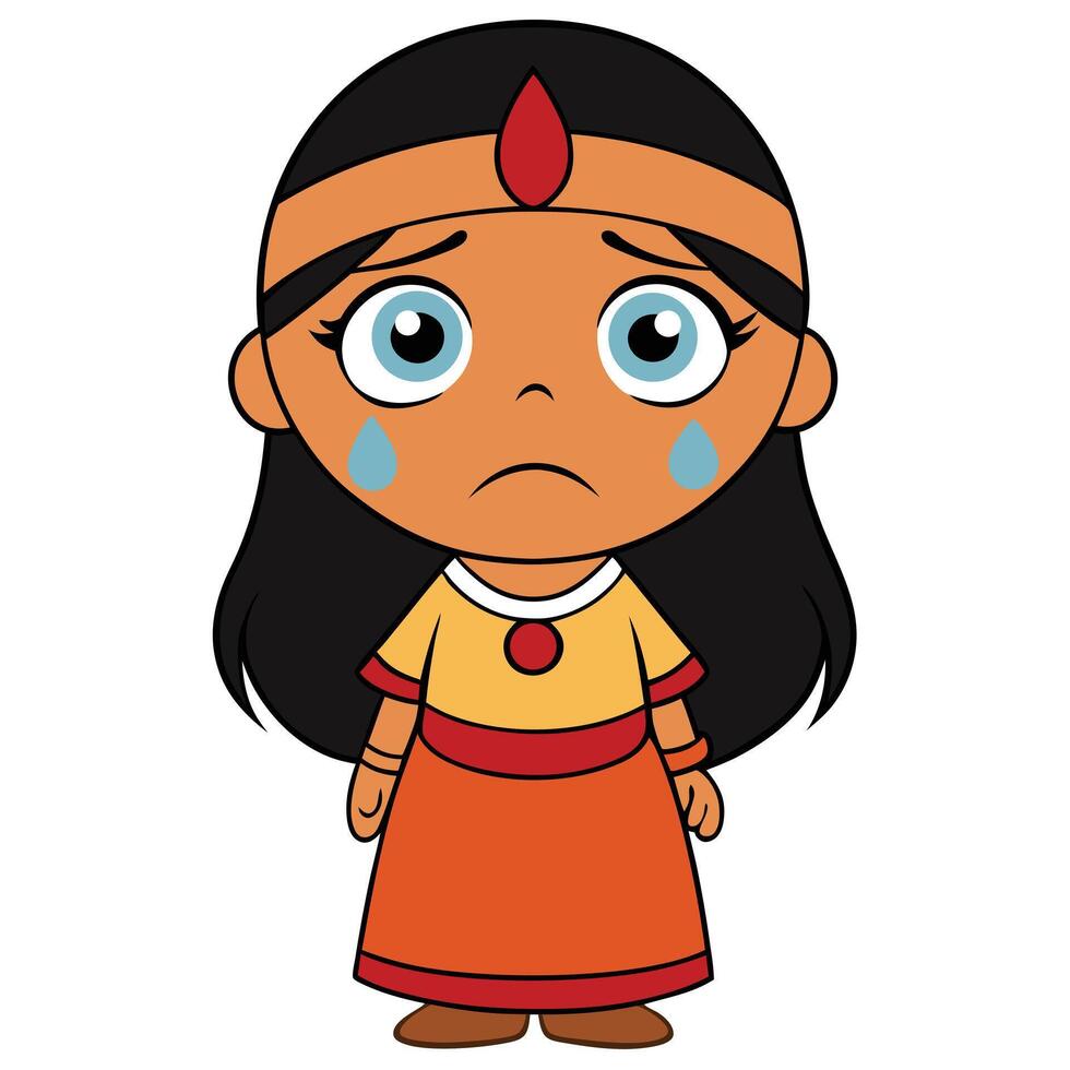 Cartoon illustration of a sad native american girl character with tears vector