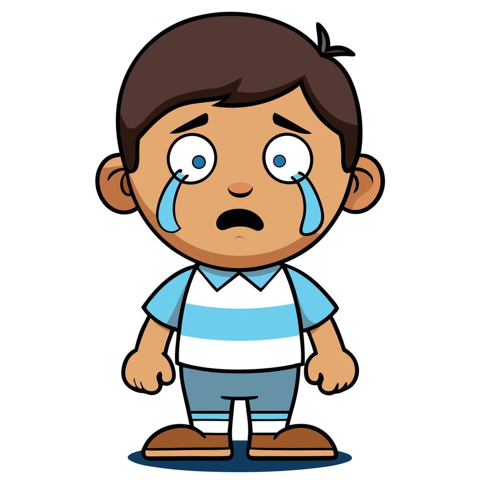 Crying cartoon boy standing with sad expression and tears in eyes vector