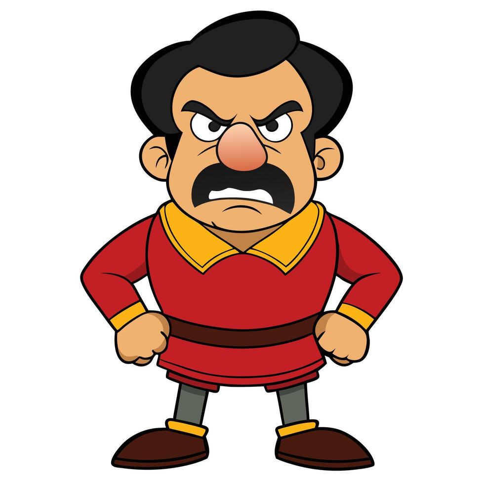 Cartoon character illustration of an angry man with a mustache and red outfit vector
