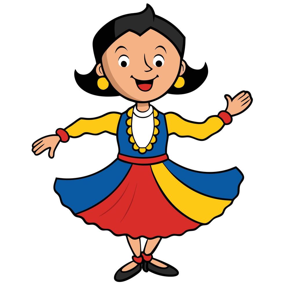 Happy cartoon girl in colorful folk costume dancing with open arms vector