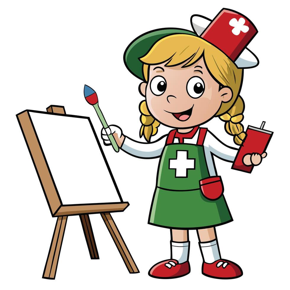 Cartoon girl dressed as doctor painting on canvas with brush vector