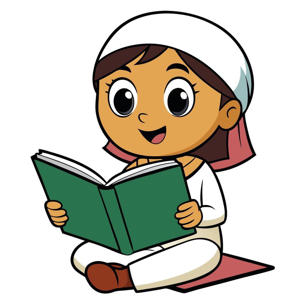 Cartoon muslim girl reading a book on a prayer mat illustration vector