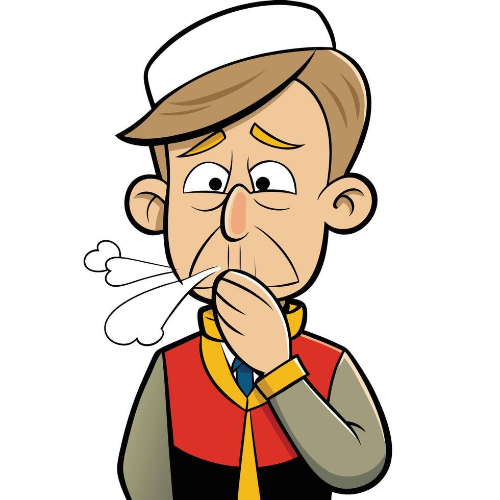 Cartoon man with halitosis checking his breath with hand vector