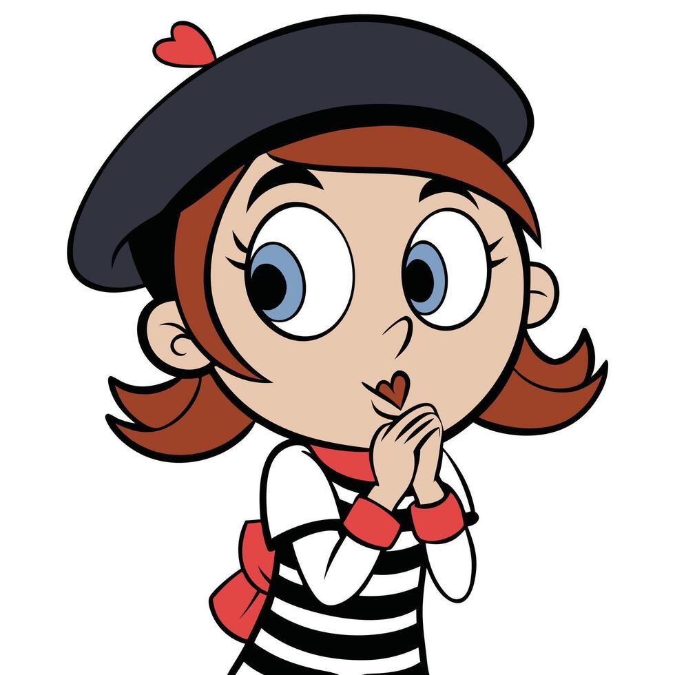 Charming cartoon girl with beret sending a heart kiss cutout style vector