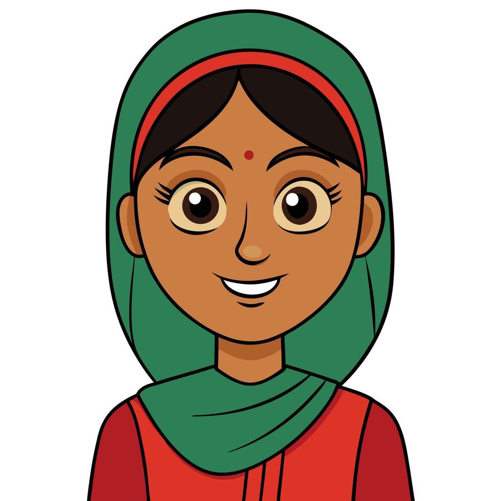 Cartoon illustration of smiling south asian woman with hijab and bindi vector