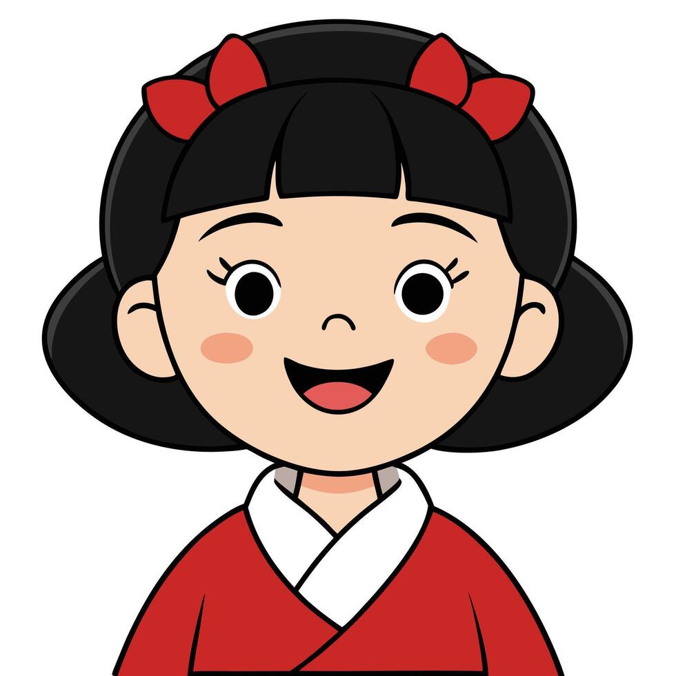 Adorable smiling cartoon girl with kimono and bows illustration vector