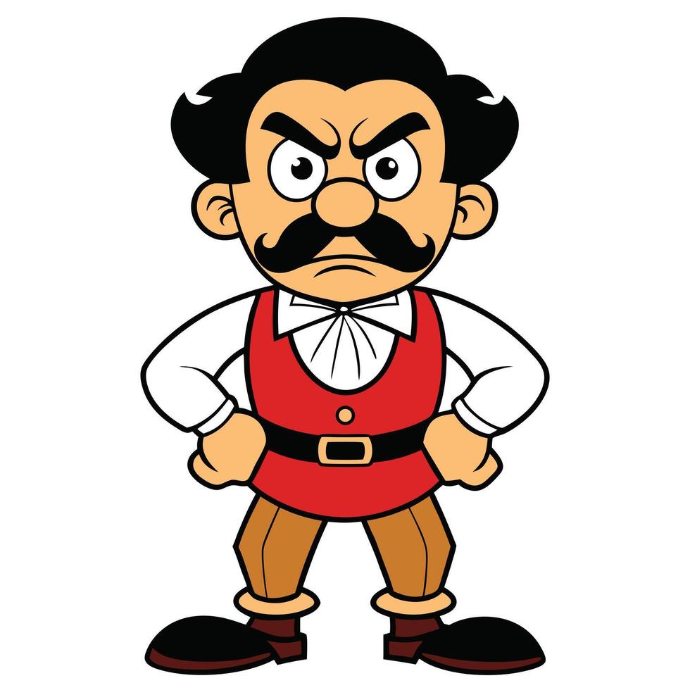 Cartoon character illustration angry man with moustache red vest and bowtie vector