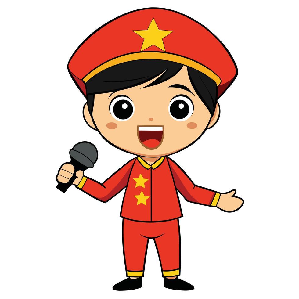 Cartoon boy dressed in red uniform singing with microphone artistic illustration vector