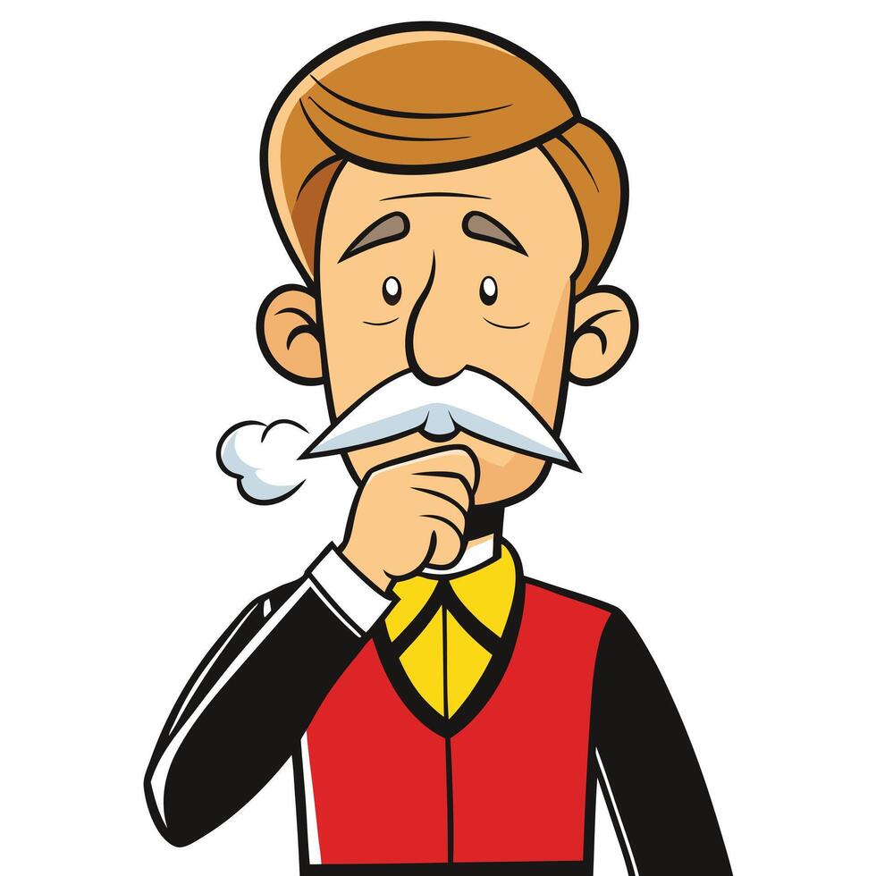 Cartoon man with moustache thinking deeply with steam from mouth illustration vector