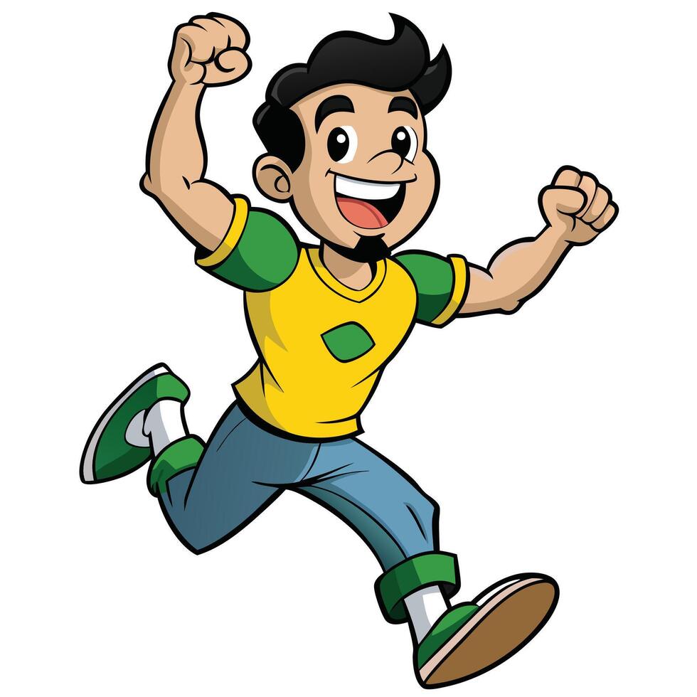 Cheerful cartoon man running with joyful expression and raised fists illustration vector