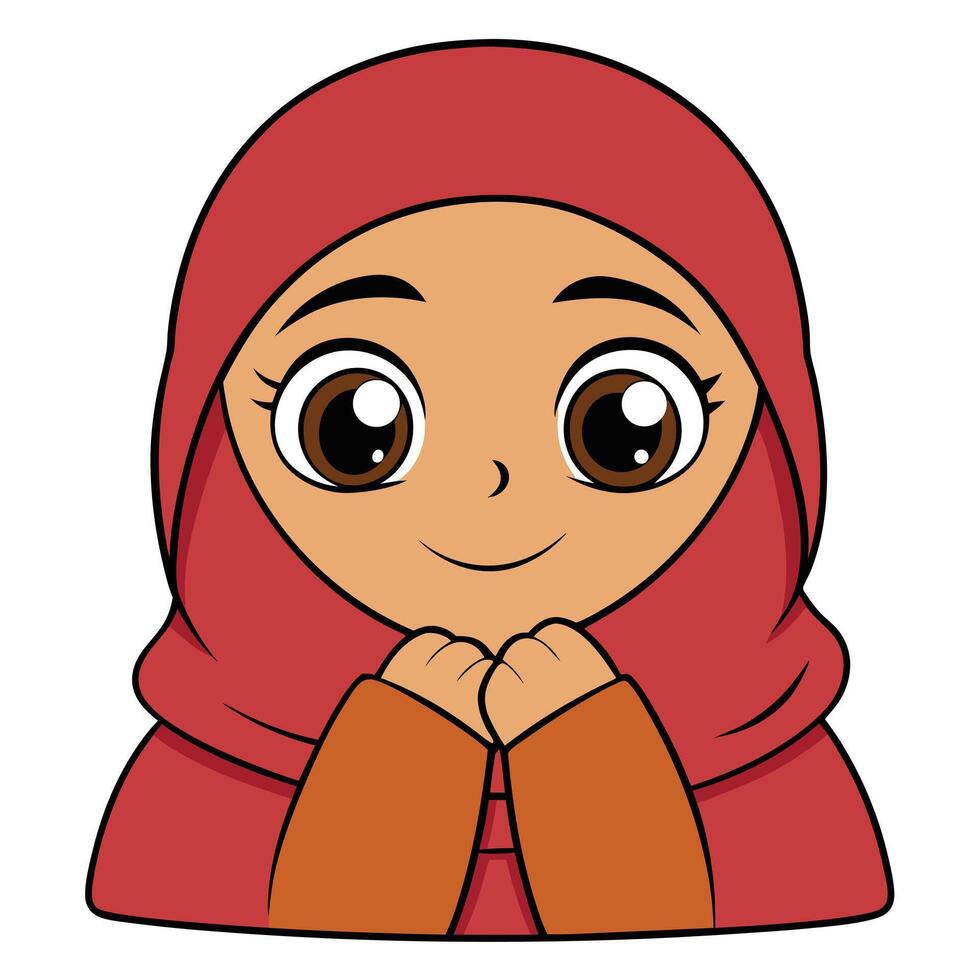 Adorable cartoon muslim girl in red hijab with big eyes smiling vector