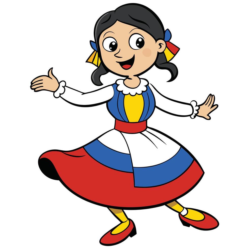 Cartoon girl in traditional russian dress dancing with joyful expression vector