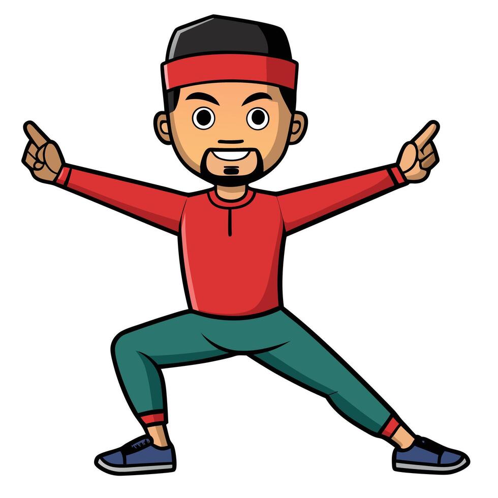 Cartoon man in traditional indonesian attire dancing or performing a movement vector