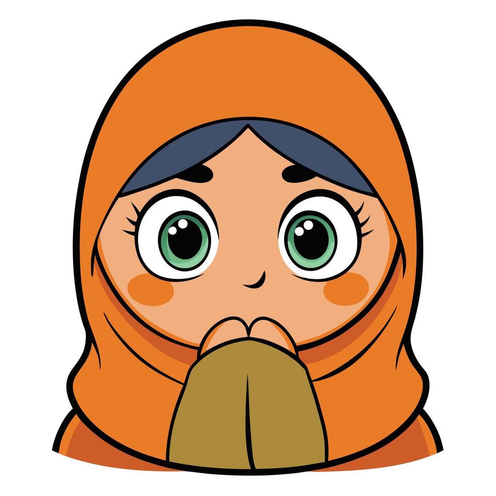 Cartoon muslim girl wearing hijab praying with hands together flat vector