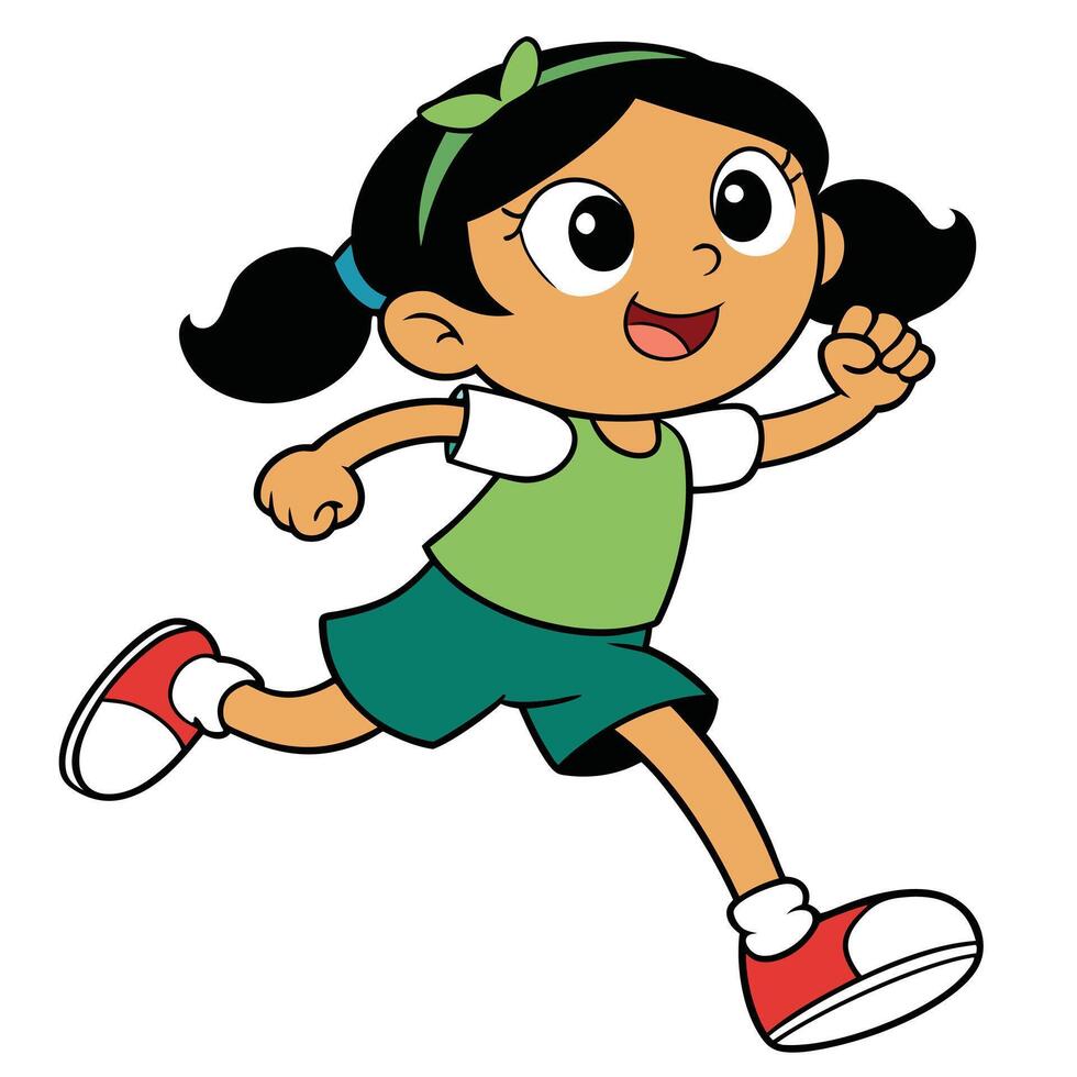 Cartoon girl running cheerful child in motion kid exercising sport vector