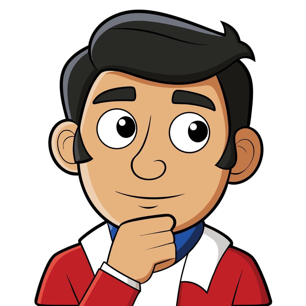 Cartoon man in red jacket thinking hard with hand on chin vector