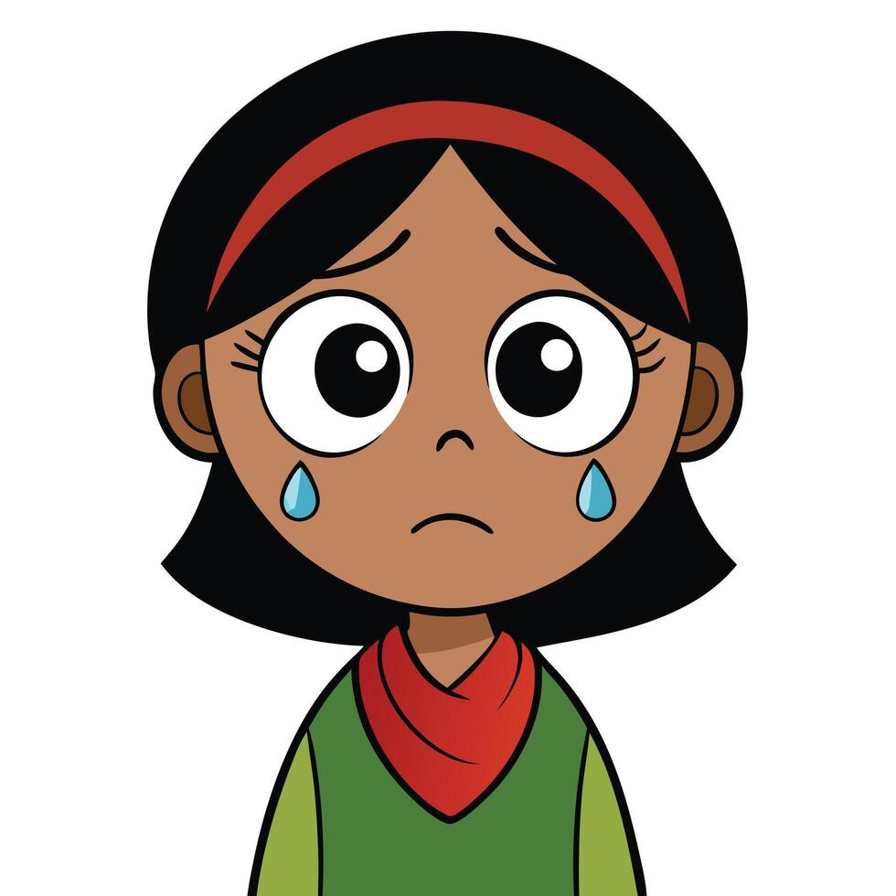Cartoon girl with tears illustration expressing sadness and vulnerability with big eyes vector