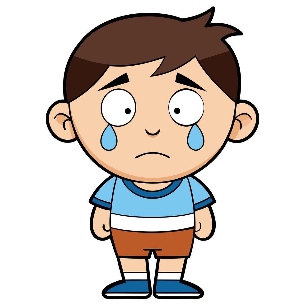 Cartoon illustration of a sad crying boy with tears rolling down his face vector
