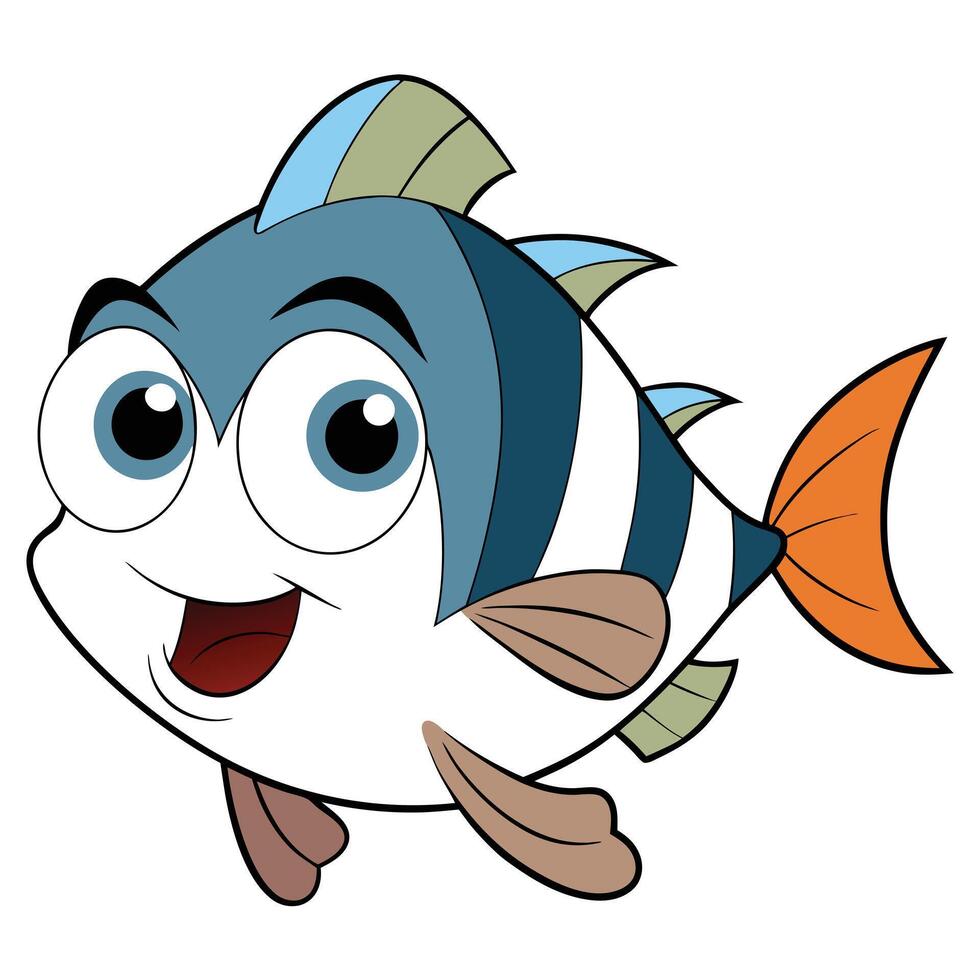 Cute cartoon fish character with big eyes and orange tail illustration vector