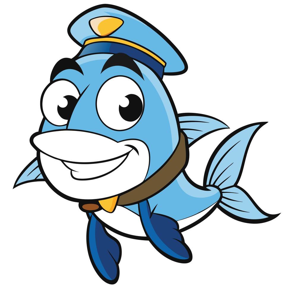 Smiling cartoon fish character wearing a police hat and collar for mascot design vector