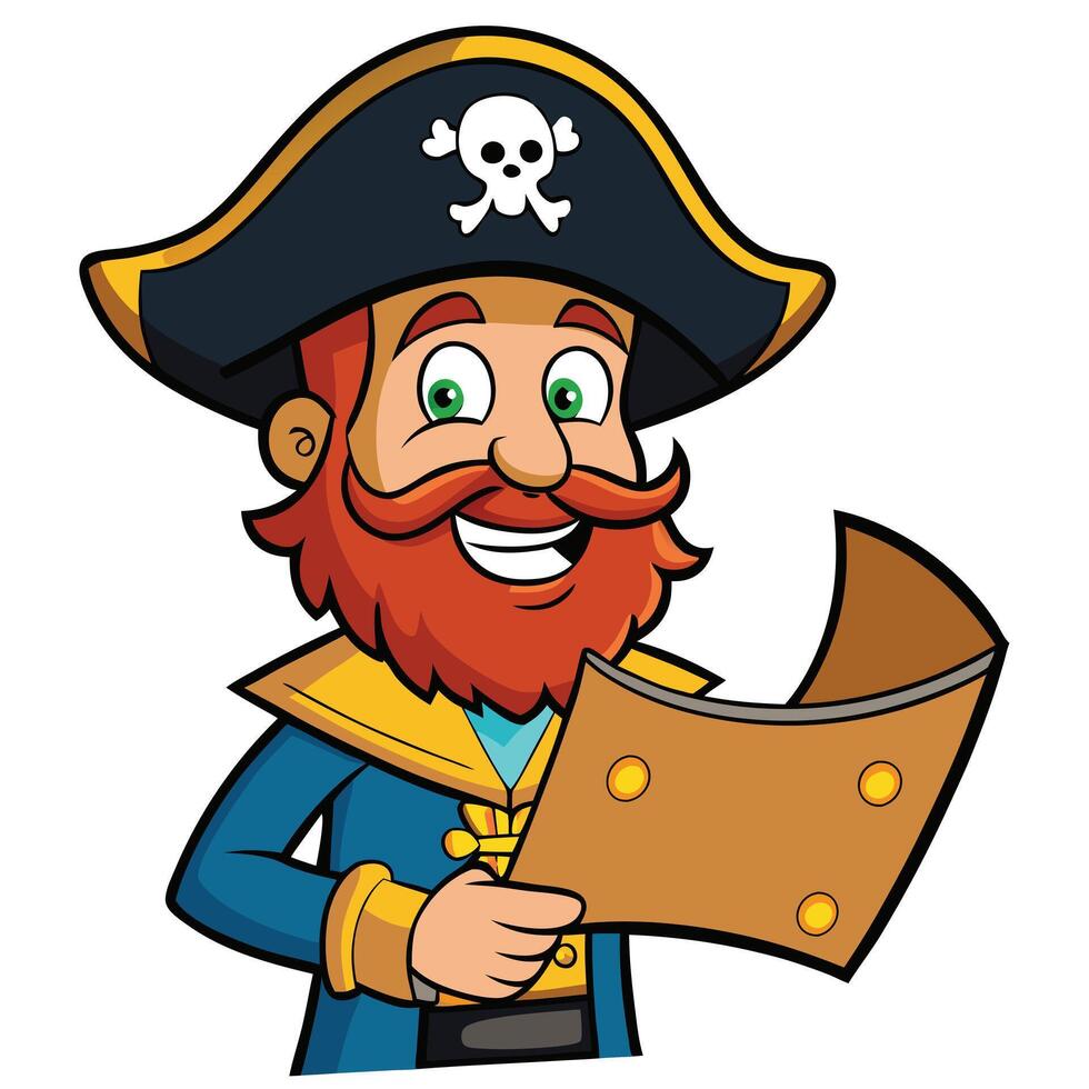 Cartoon pirate captain reading treasure map illustration on white background vector