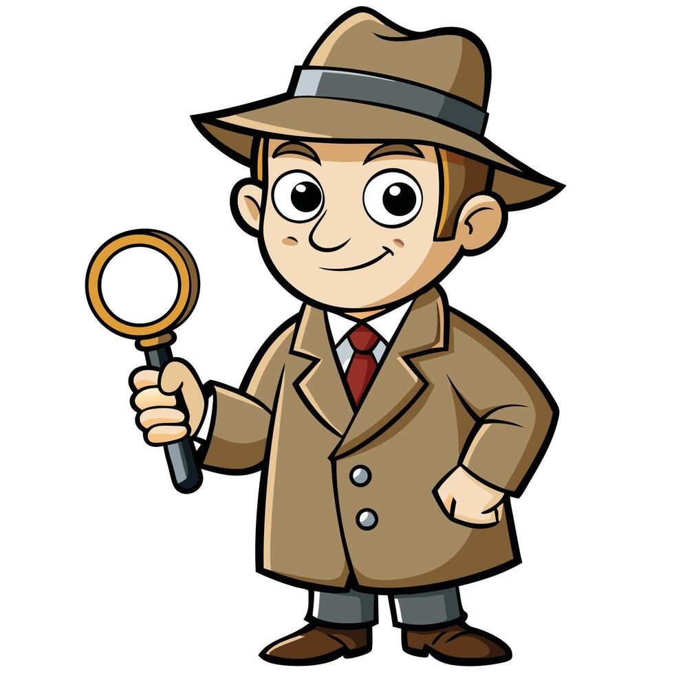 Cartoon detective illustration character holding magnifying glass sleuth in trench coat and hat vector