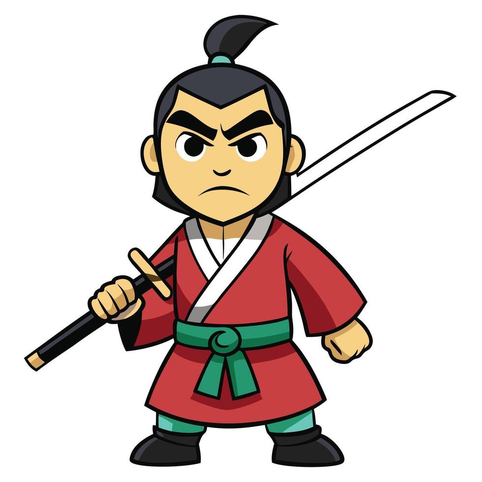 Cartoon samurai warrior with sword wearing traditional red robe and green belt vector