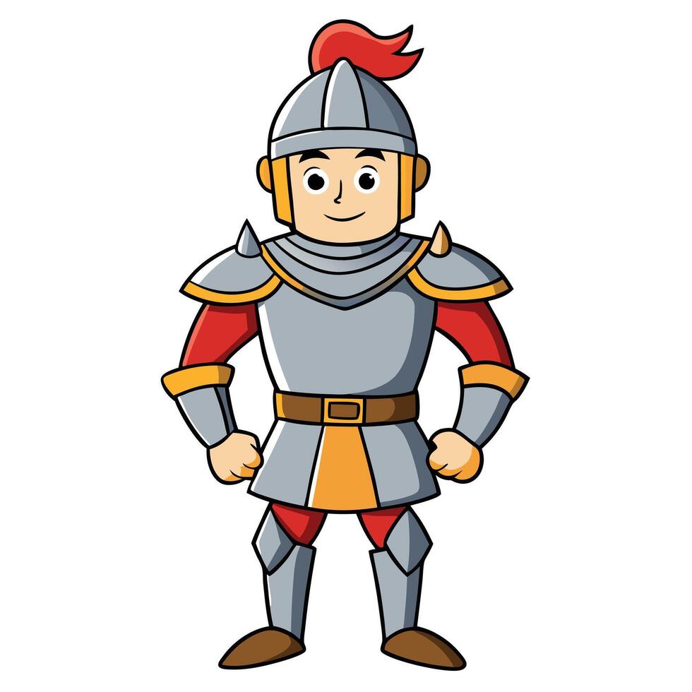 Cartoon knight illustration standing proudly in full armor ready for battle vector