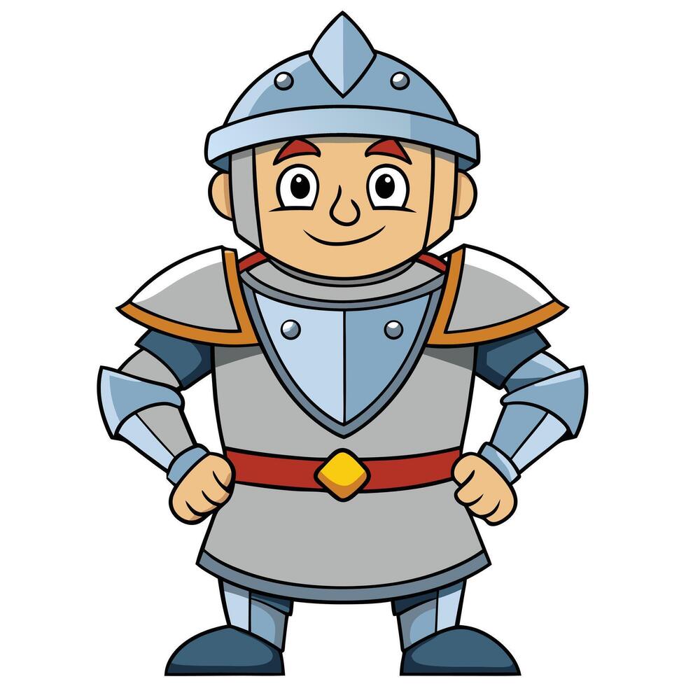 Smiling cartoon knight character in full suit of armor illustration vector
