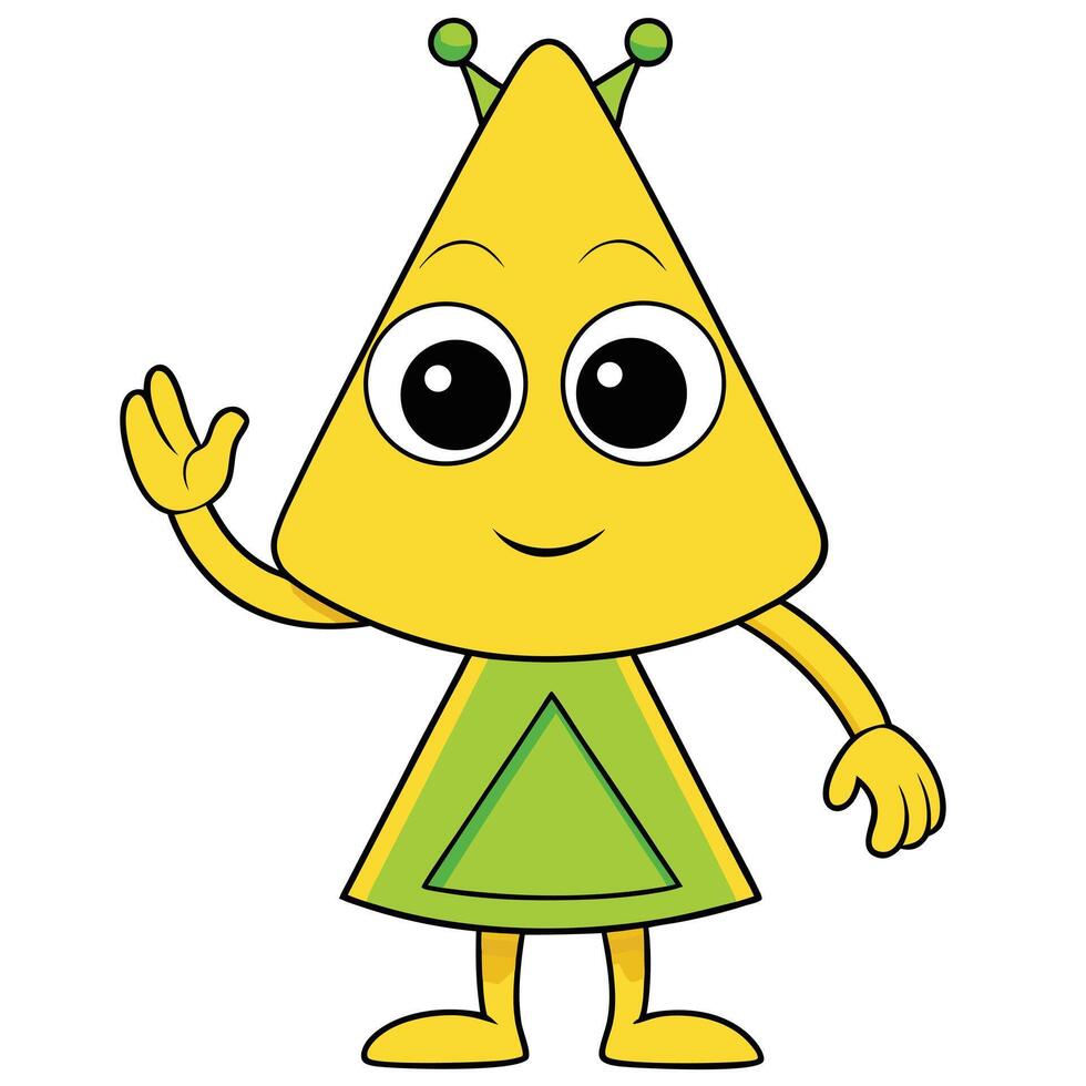Friendly yellow triangle alien character waving hello for kids illustration vector