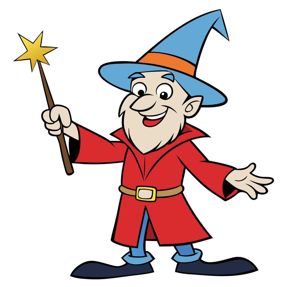 Cartoon wizard character smiling and holding a magic wand illustration vector