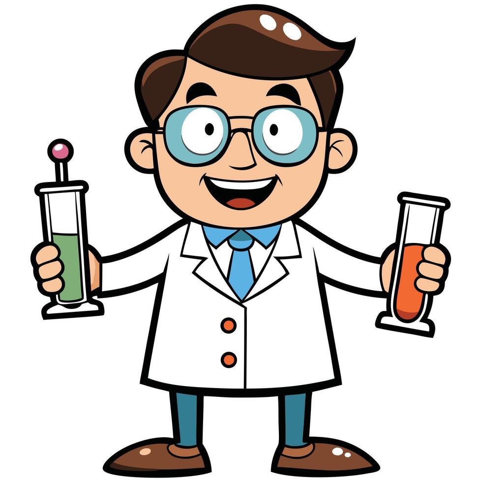 Cartoon scientist character holding test tubes with chemical solutions for experiments vector