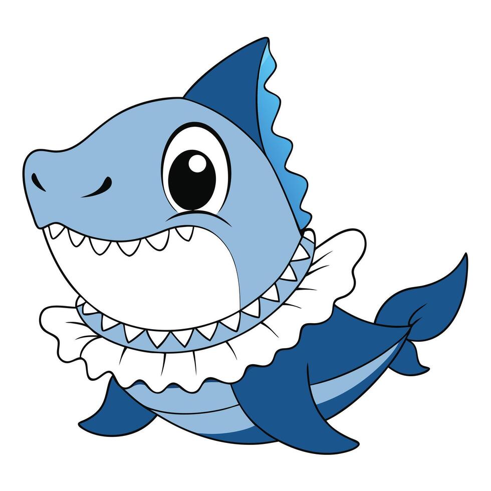 Cute baby shark cartoon character with ruffled collar isolated on white background vector