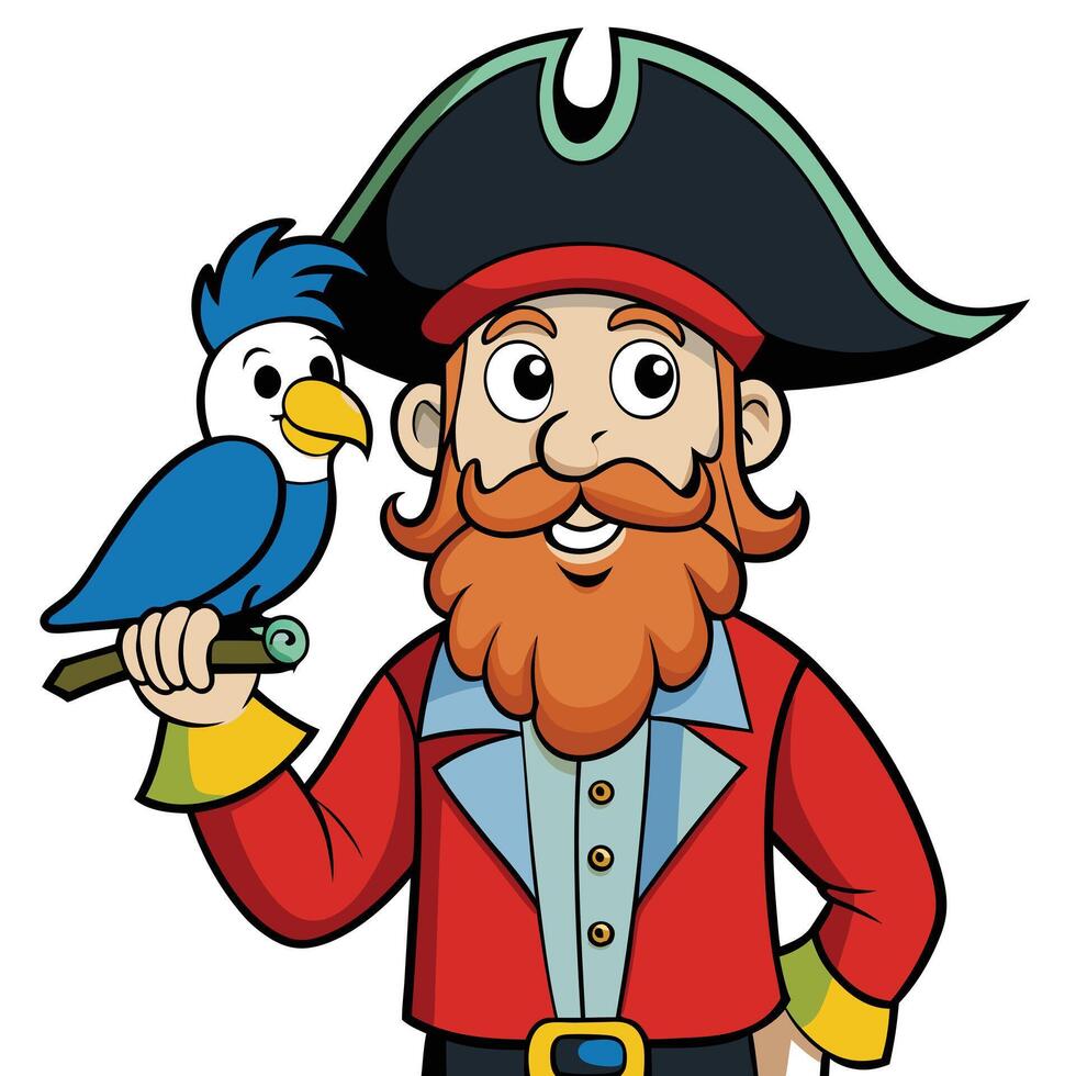 Smiling cartoon pirate with parrot on hand wearing red jacket and hat vector