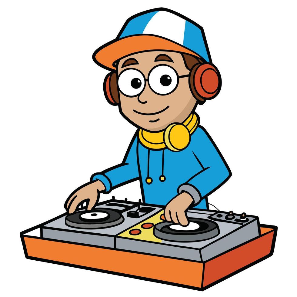 Cartoon dj mixing music on turntables with headphones and cap illustration vector