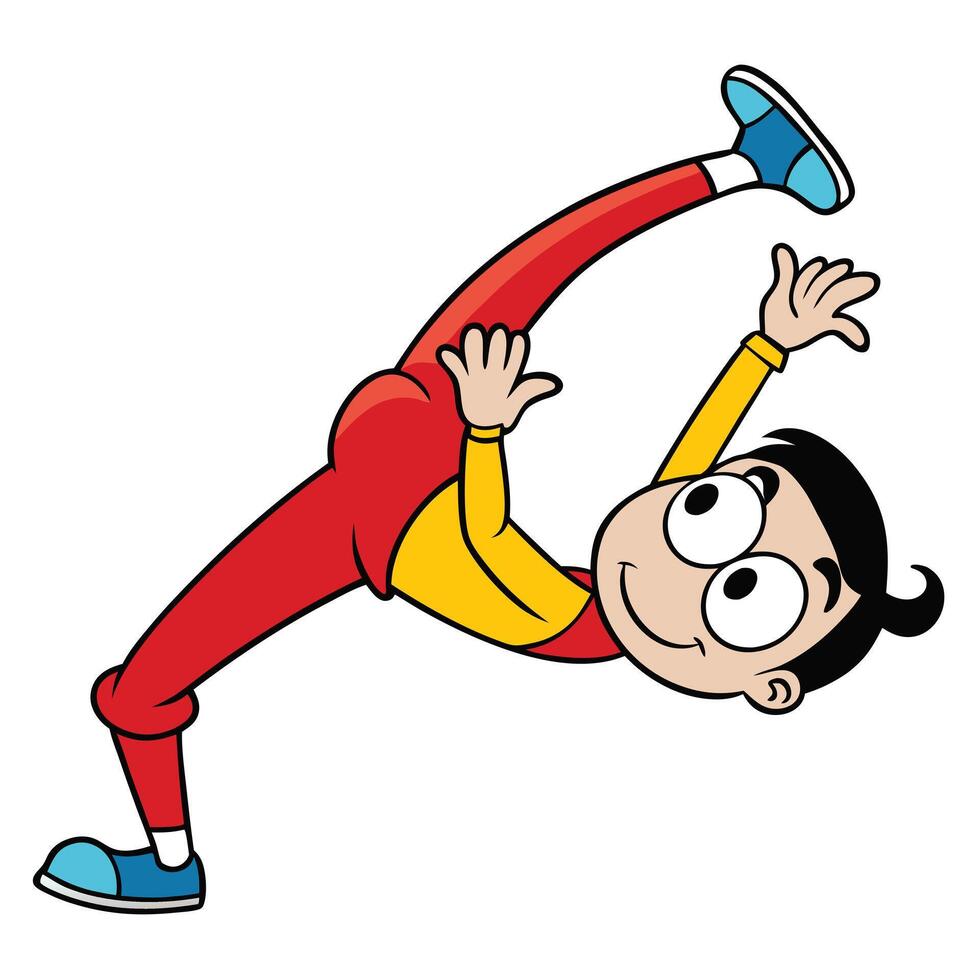 Cartoon boy doing splits exercise stretching legs flexibility training gymnastics pose vector