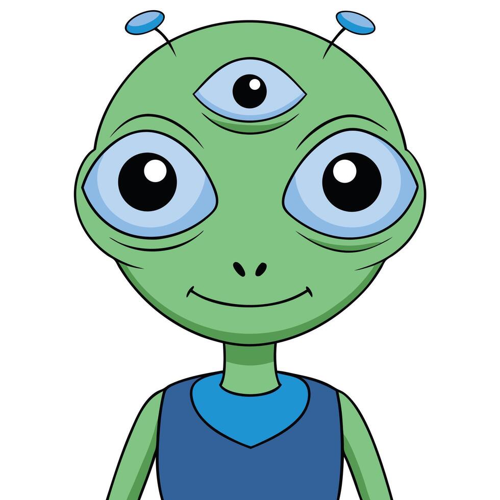 Friendly green alien illustration with three eyes and antennae cartoon design vector