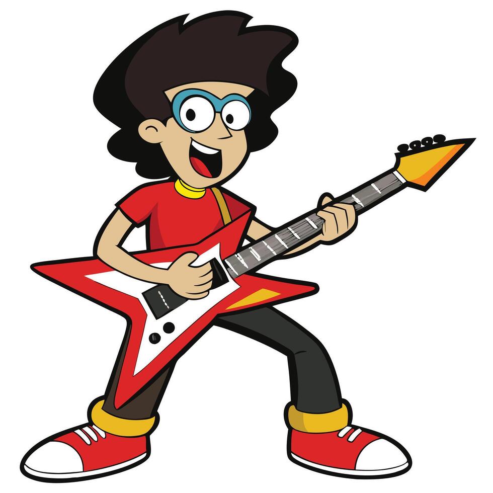 Cartoon boy with glasses playing a red star guitar with enthusiasm vector