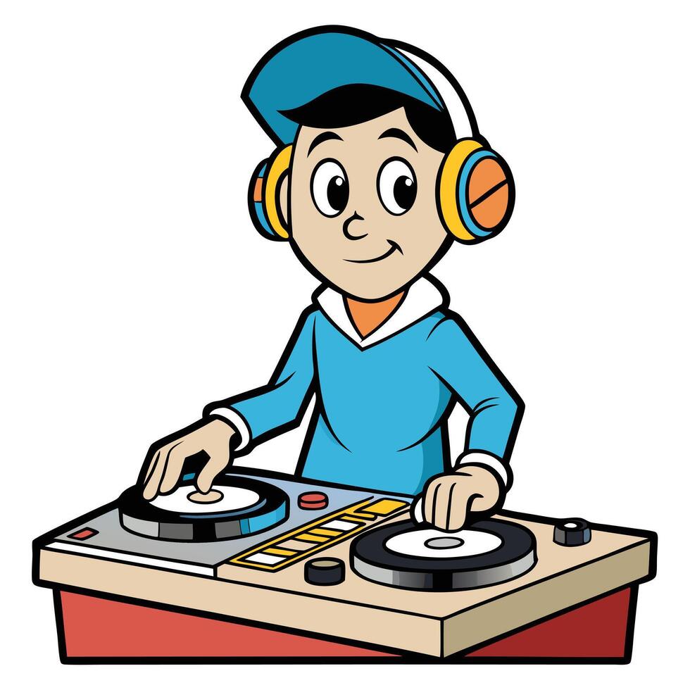 Cartoon dj boy with headphones mixing music on turntables illustration for kids vector