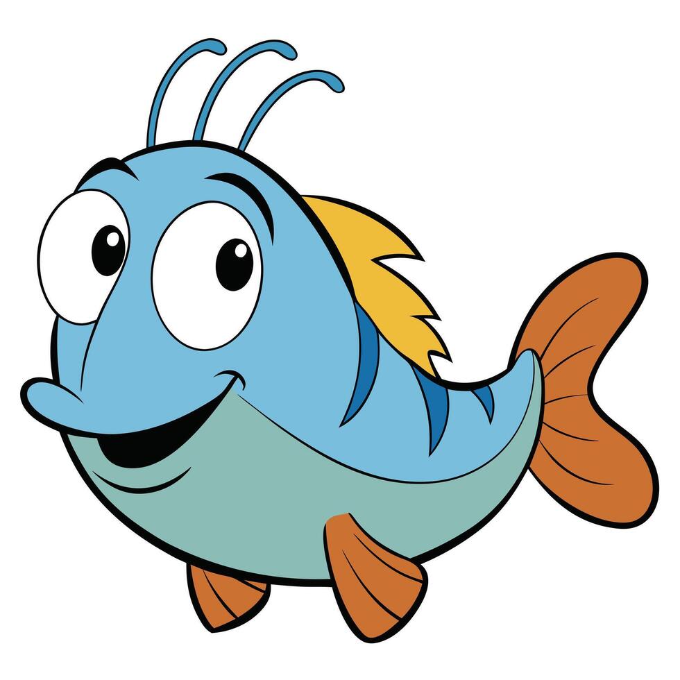 Cheerful cartoon fish character illustration with big eyes and smiling expression isolated on white vector