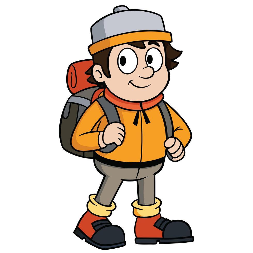Cartoon hiker boy with backpack ready for outdoor adventure isolated illustration vector