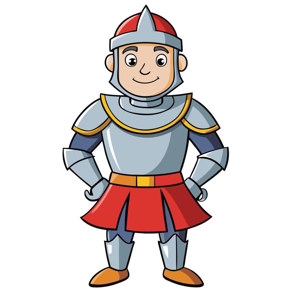 Cartoon knight in full armor standing confidently with hands on hips illustration vector