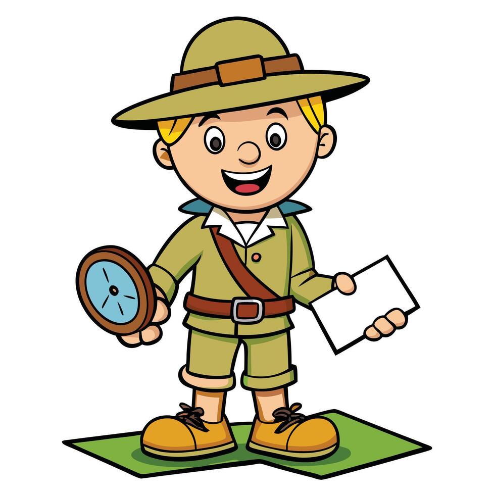Cartoon explorer boy with compass and map smiling adventure ready illustration vector