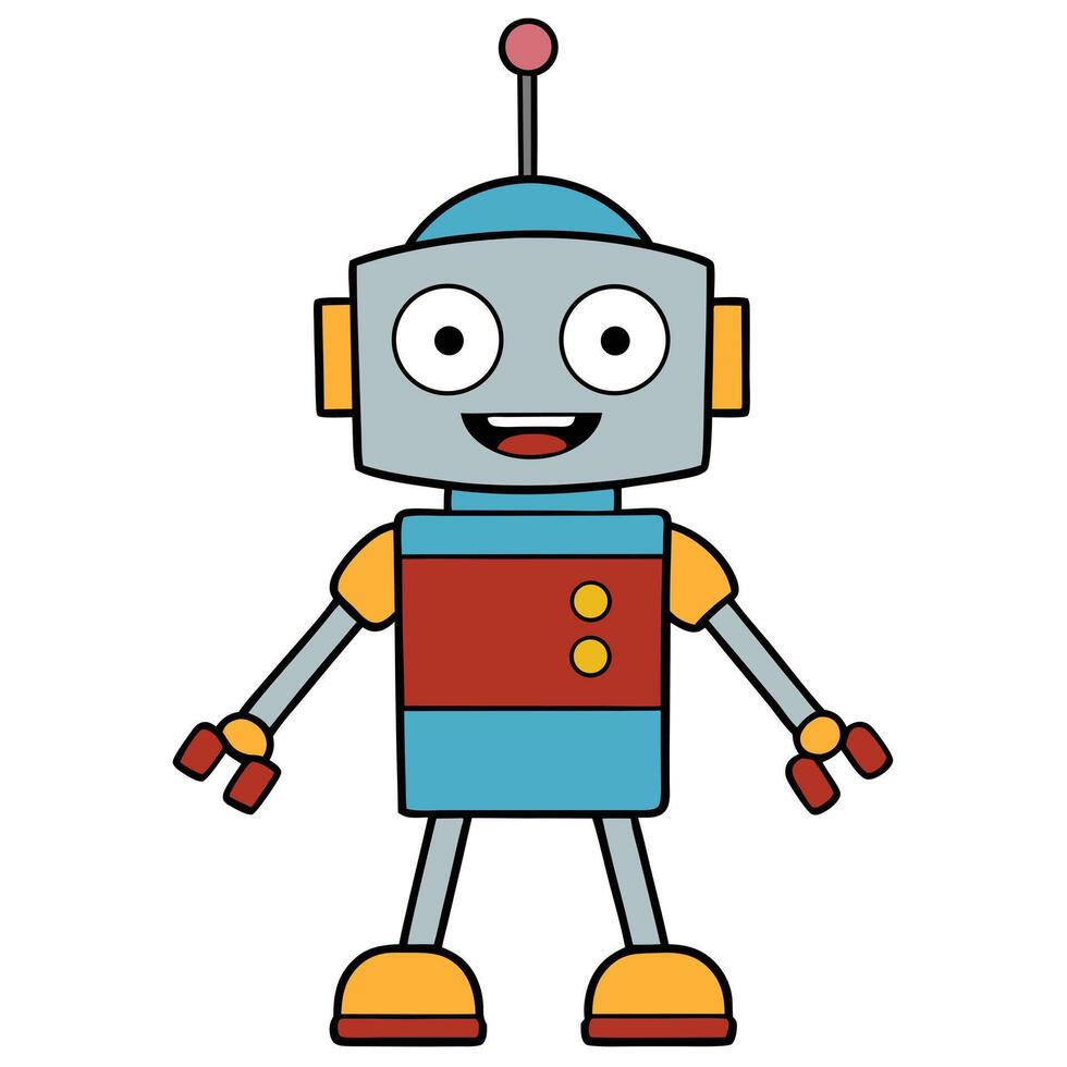 Cheerful cartoon robot character isolated on white background for kids design and animation projects vector