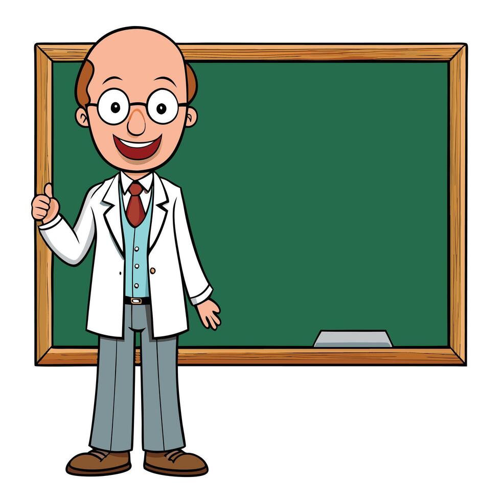 Cartoon teacher character giving thumbs up in front of green chalkboard background illustration vector