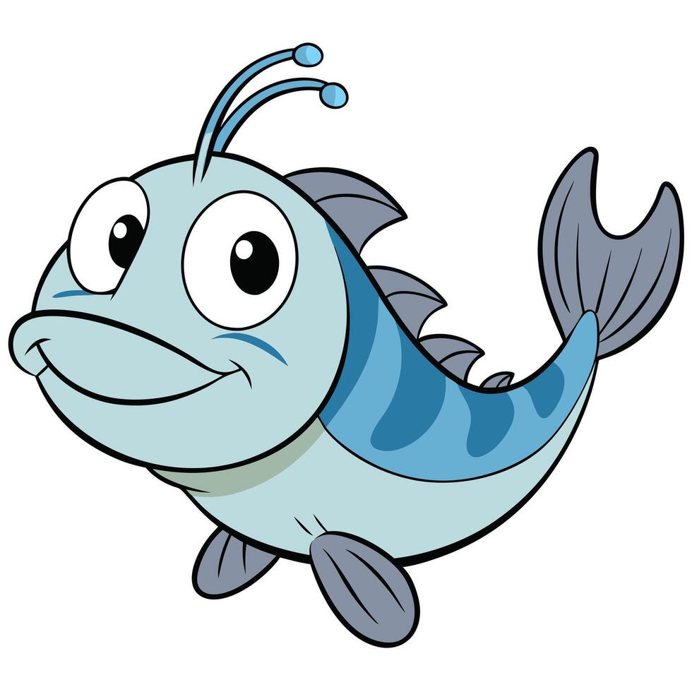 Cheerful blue cartoon fish illustration with big eyes and smiling expression on white background vector
