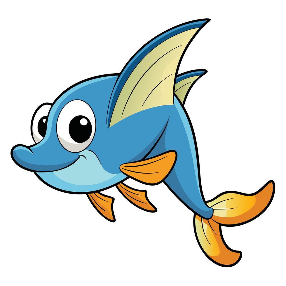 Smiling blue cartoon fish with orange fins and tail isolated on white background vector