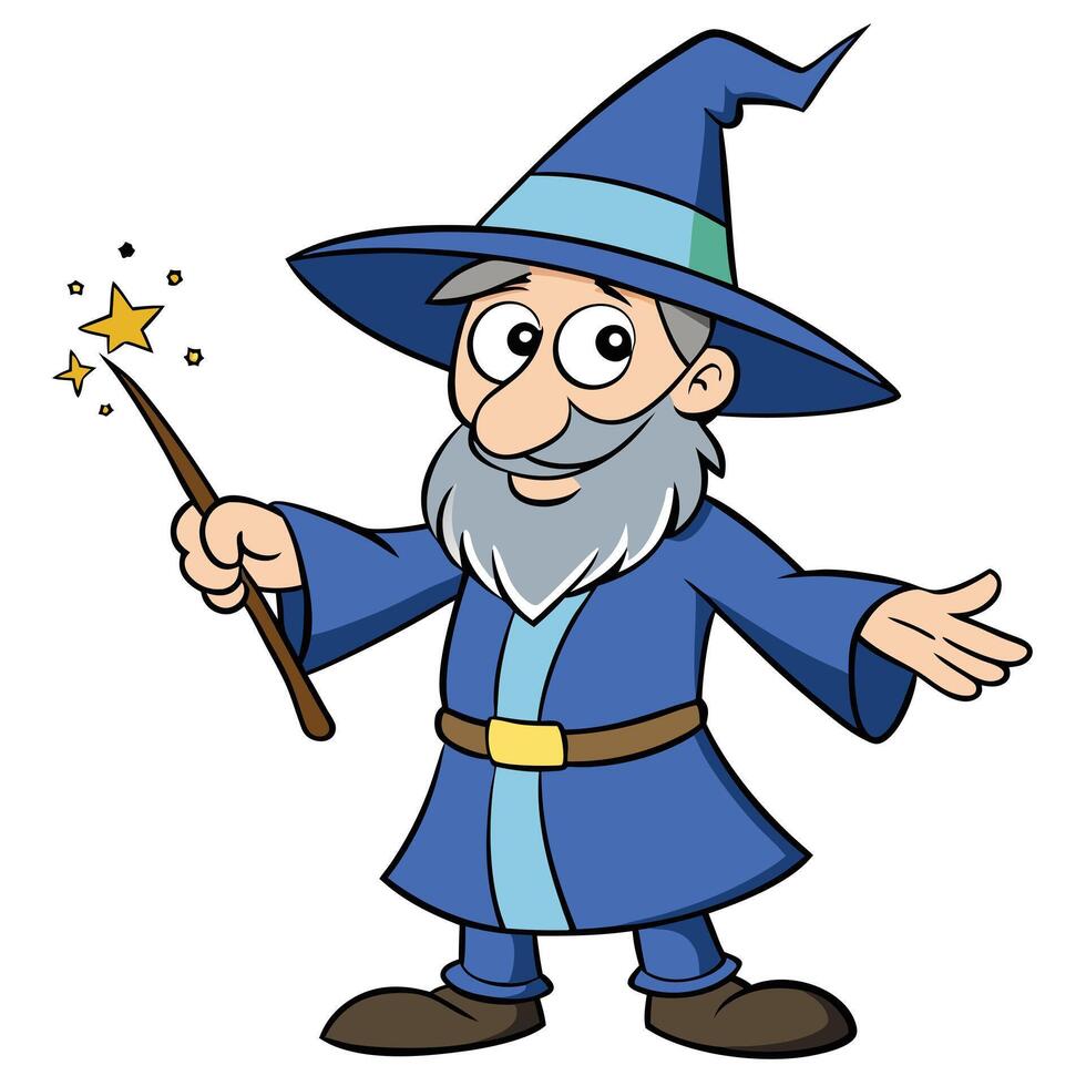 Cartoon wizard character wielding magic wand creates starry sparks illustration vector
