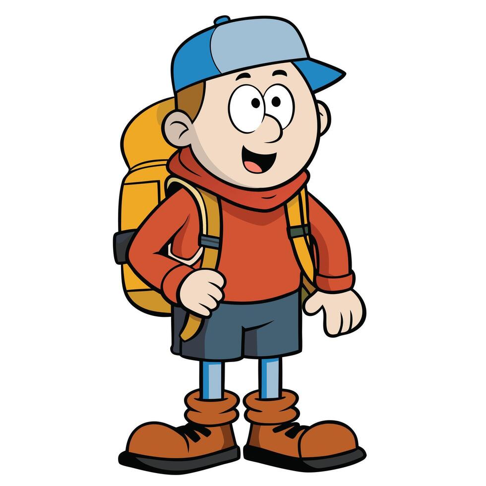 Cartoon hiker with backpack ready for outdoor adventure isolated on white background illustration vector