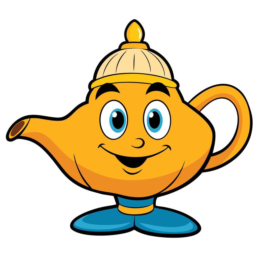 Cartoon genie lamp character with smiling face and magical appearance illustration art vector